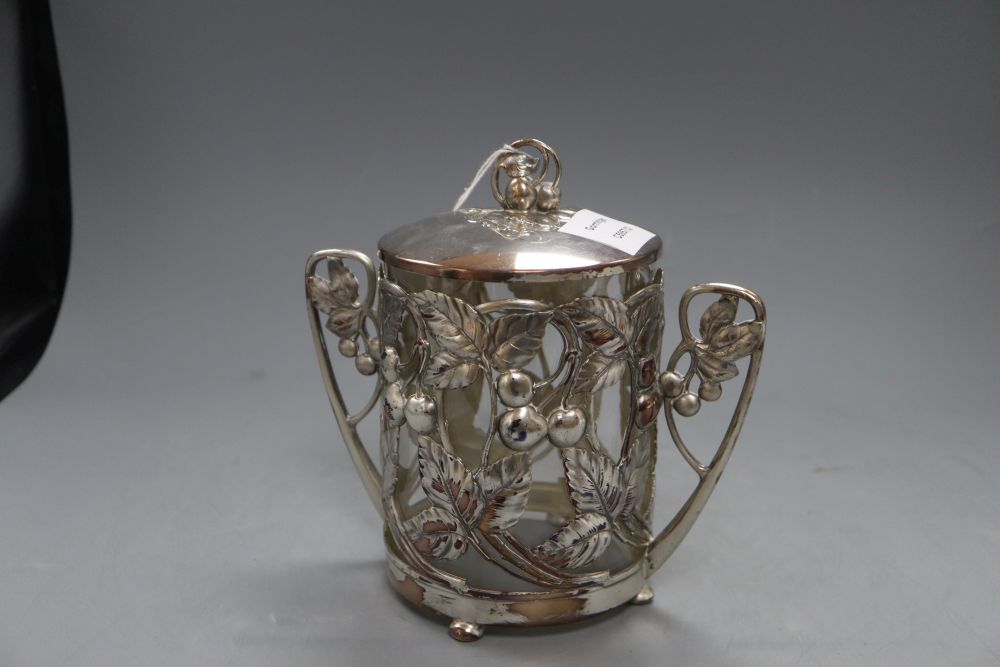 A WMF Art Nouveau embossed plated two handled mounted biscuit box, with a clear glass liner, underside stamped WMF, height 19cm